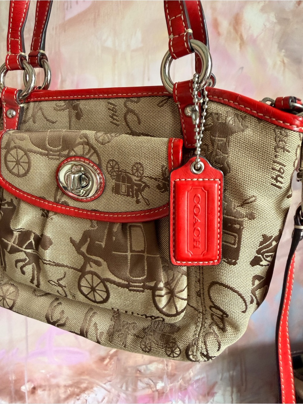 Coach Tan Signature Canvas Shoulder Bag with Red Leather Trim - Picture 2 of 8